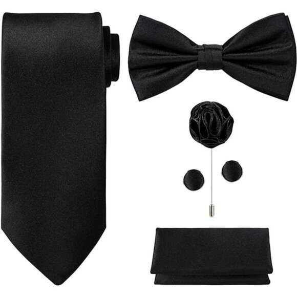 5pcs Tie Set in Gift BOX WHITE OR BLACK: Solid Color Necktie, Satin Bow Tie - Picture 7 of 7